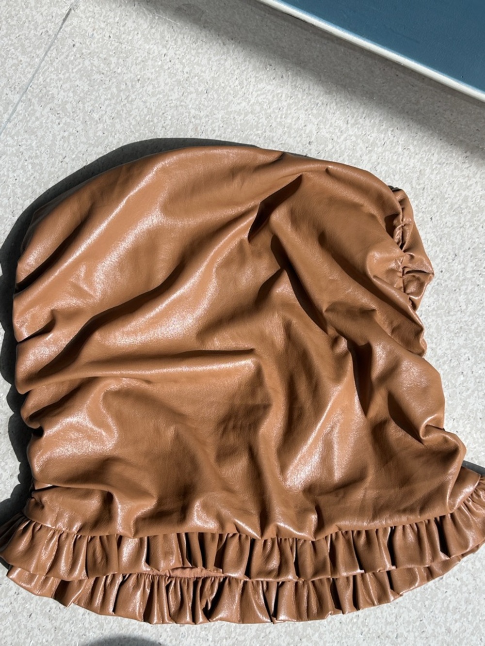 MAJORELLE Brown Faux Leather Ruffled Drawstring Bag size XL